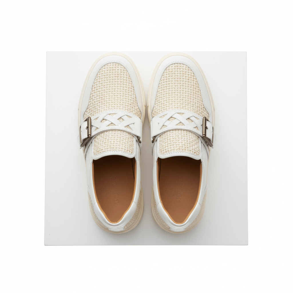 Lattice Woven Buckle Loafers – Ivory Beige - Image 3