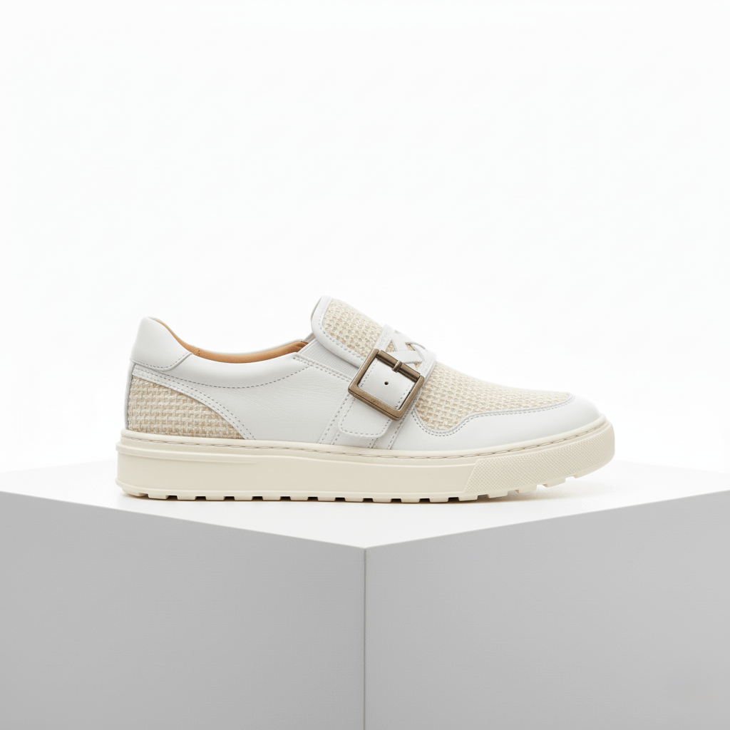 Lattice Woven Buckle Loafers – Ivory Beige - Image 5