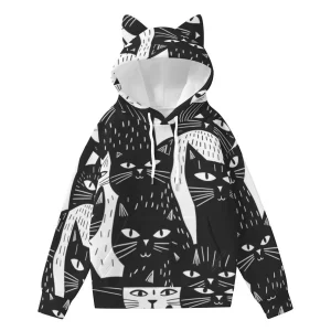 Cat Ear Hoodie – Black and White Cat Print Graphic Sweatshirt with Ears